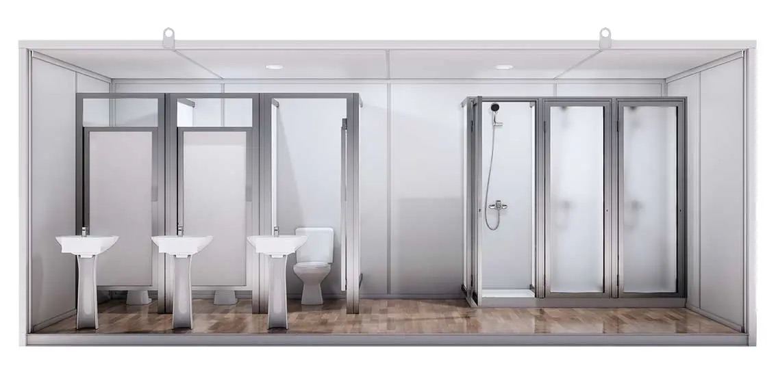 Baño Económico 20 Pies · 3 WC + 3 Lavamanos + 3 Duchas — vista interior
