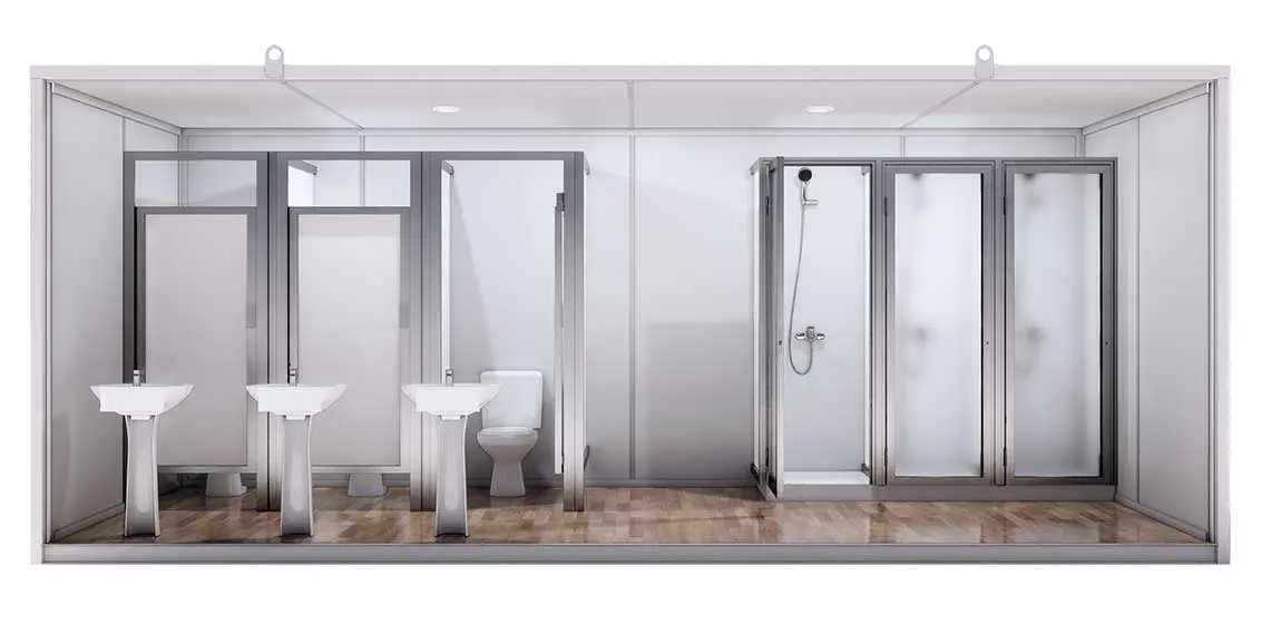 Baño Económico 20 Pies · 3 WC + 3 Lavamanos + 3 Duchas — vista interior